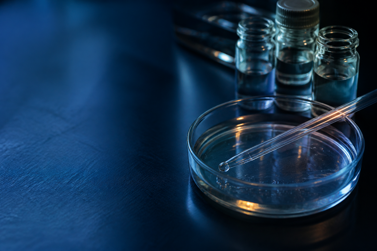 Laboraufnahme mit Petrischale, Pipette und Glasgefäßen